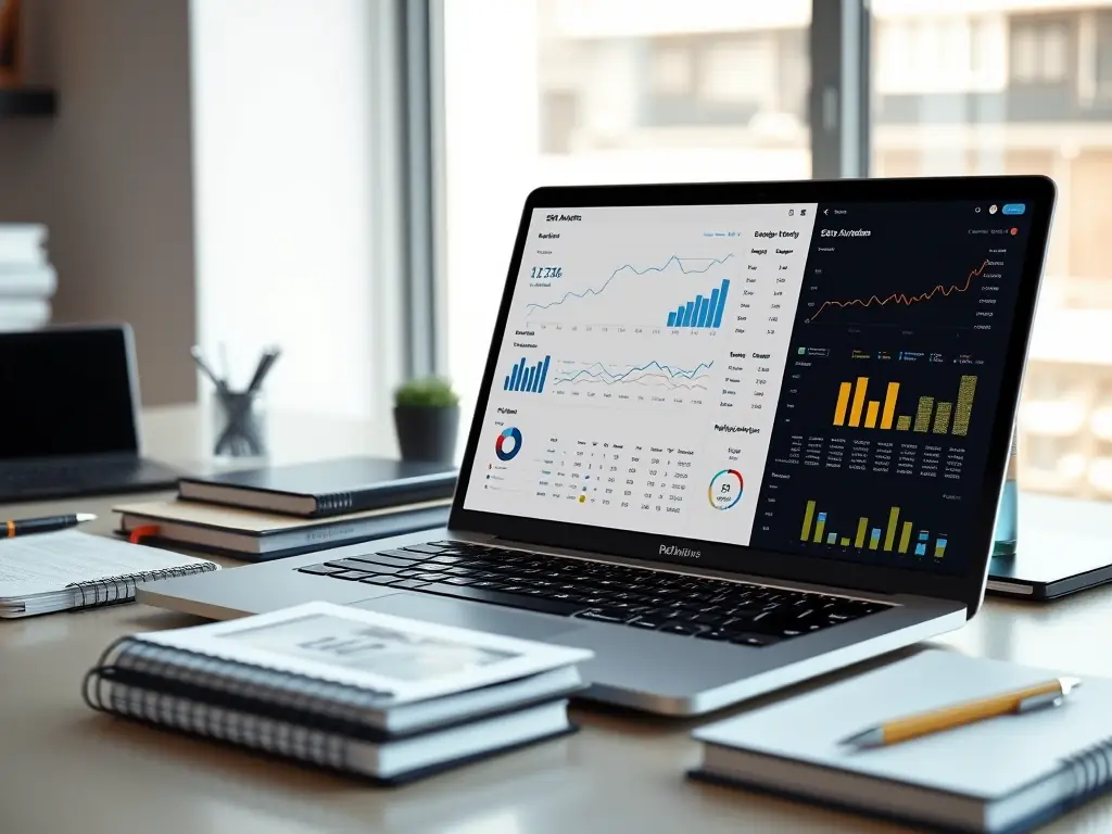 A professional workspace featuring MarketMuse software on a desktop computer, showcasing content planning and optimization tools with various data visualizations and content strategy metrics displayed on the screen.