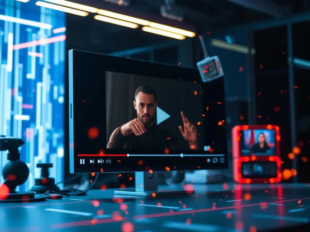 A dynamic scene depicting AI EngineBoost in action, with data streams flowing and content being generated and distributed across various digital platforms, highlighting the transformative power of AI in content creation and distribution.