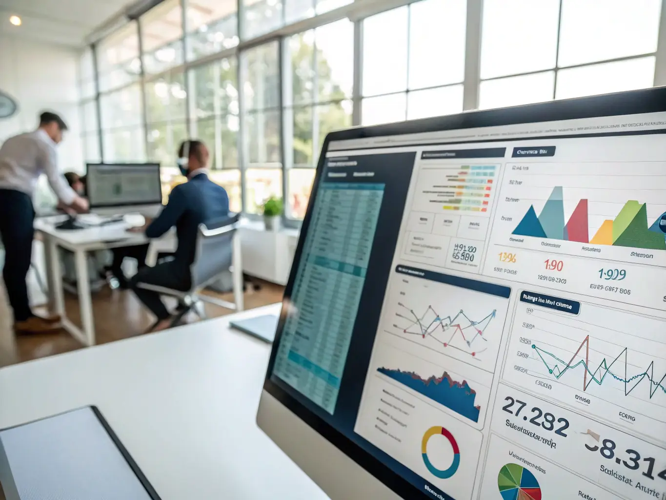 A professional workspace featuring MarketMuse software on a desktop computer, showcasing content planning and keyword research functionalities, with charts and data visualizations displayed prominently.