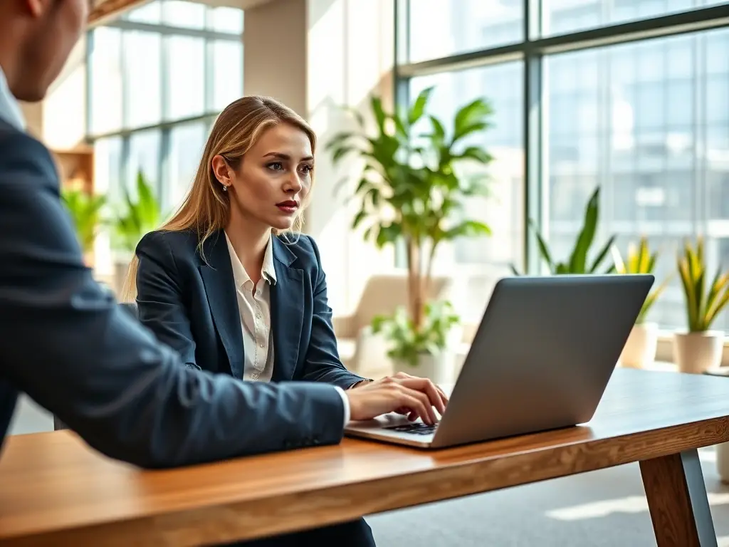 A coach and an AI assistant working together, the coach is reviewing insights provided by the AI on a tablet, in a modern office setting.