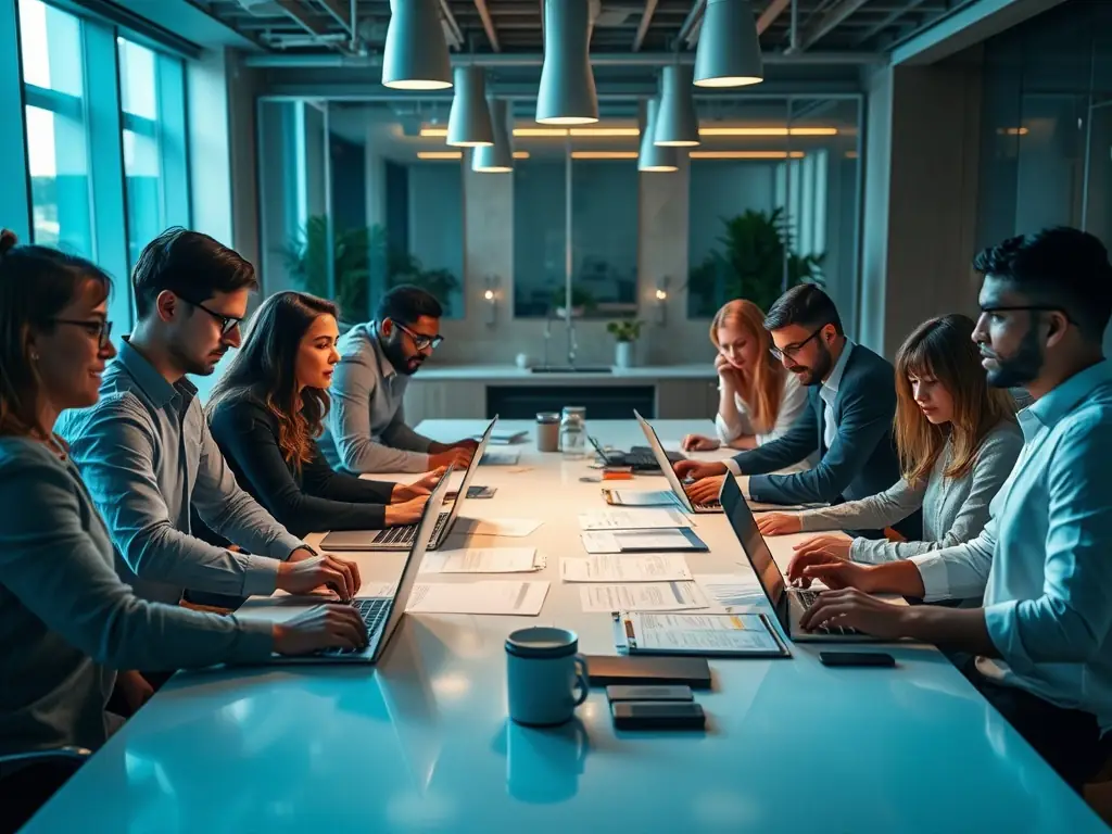 A dynamic sales team collaborating in a bright office, with AI-powered dashboards displaying real-time lead qualification and sales performance metrics.