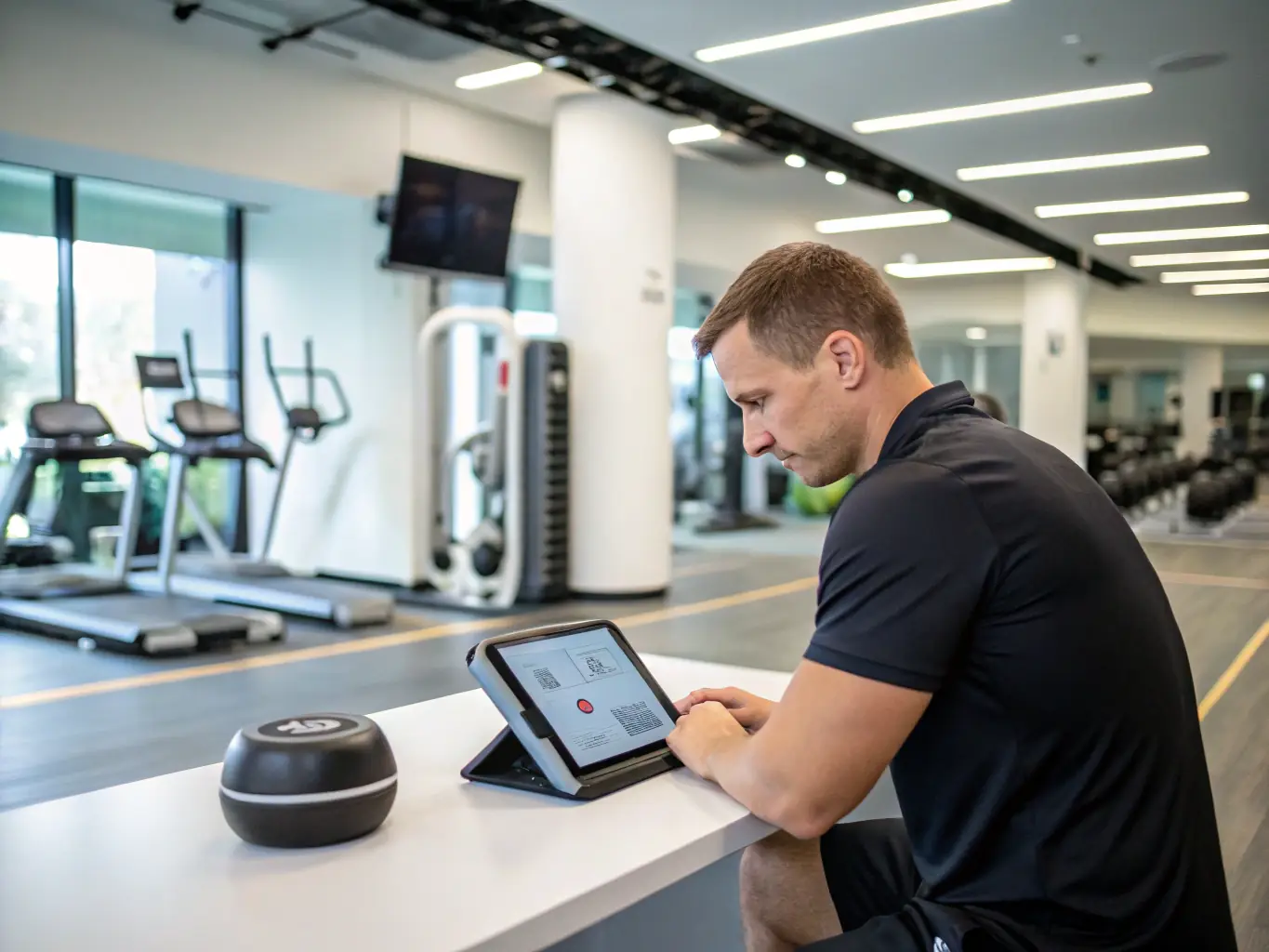 A dynamic image of 'The Gym-Growth Bot' in action, displayed on a tablet in a gym environment. The bot is shown engaging with a potential client, highlighting its lead qualification capabilities.