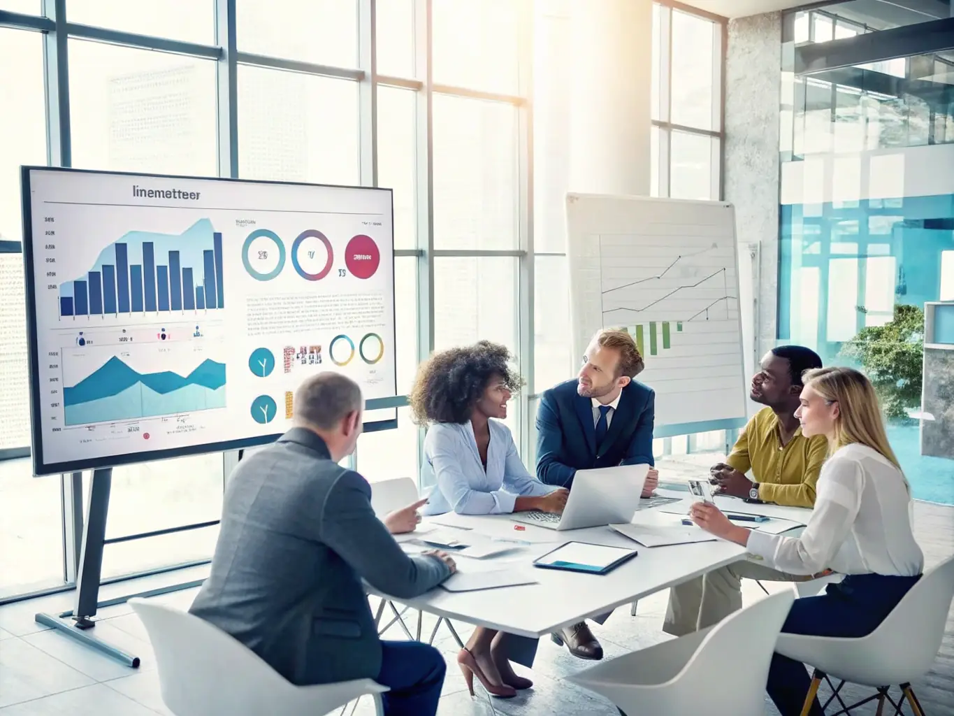 A diverse team engaged in a collaborative workshop, with AI-generated reports and insights projected on a screen, facilitating data-driven team development.