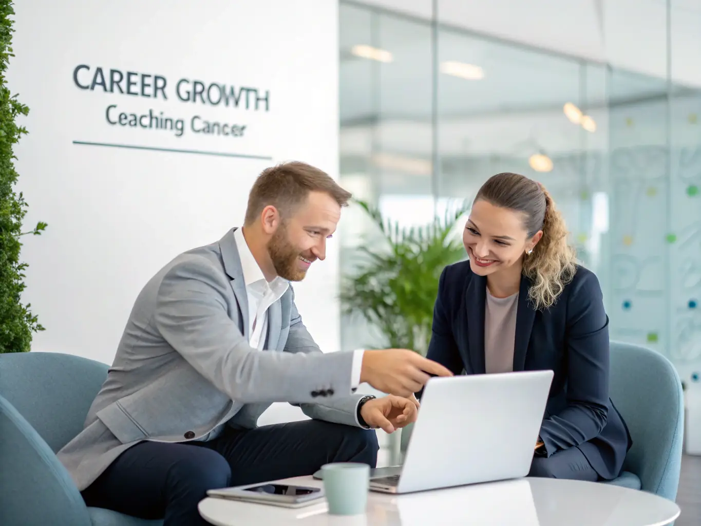 A coach interacting with a client during a virtual coaching session, with AI-generated insights displayed on a screen.