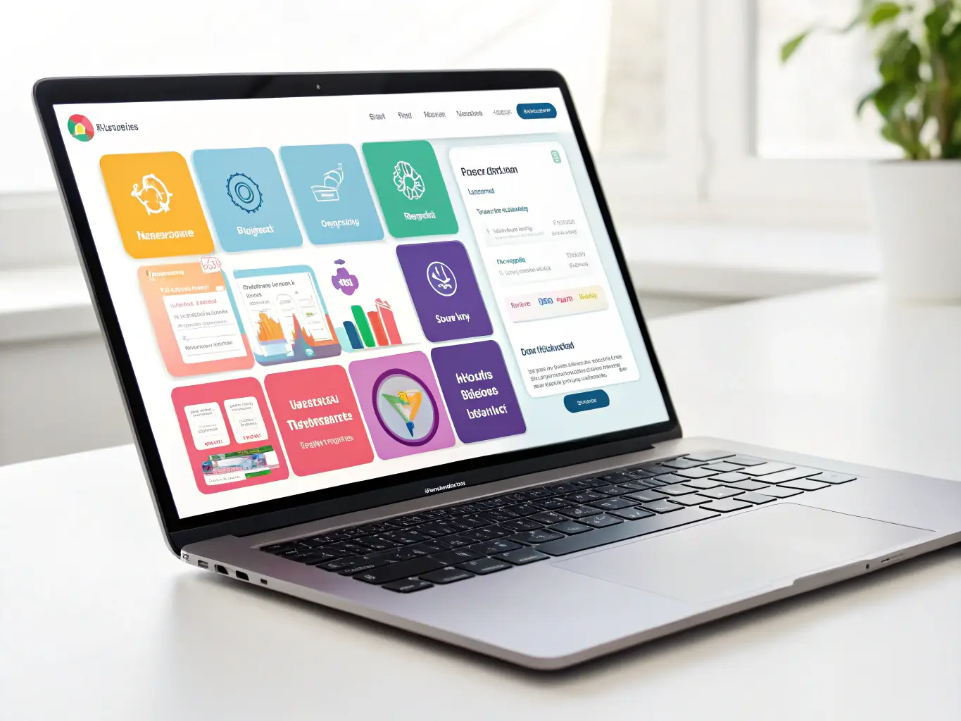 A sleek, modern interface of 'The Executive Assistant Bot' on a laptop screen, showcasing its calendar management and task automation features. The background is a professional office setting.